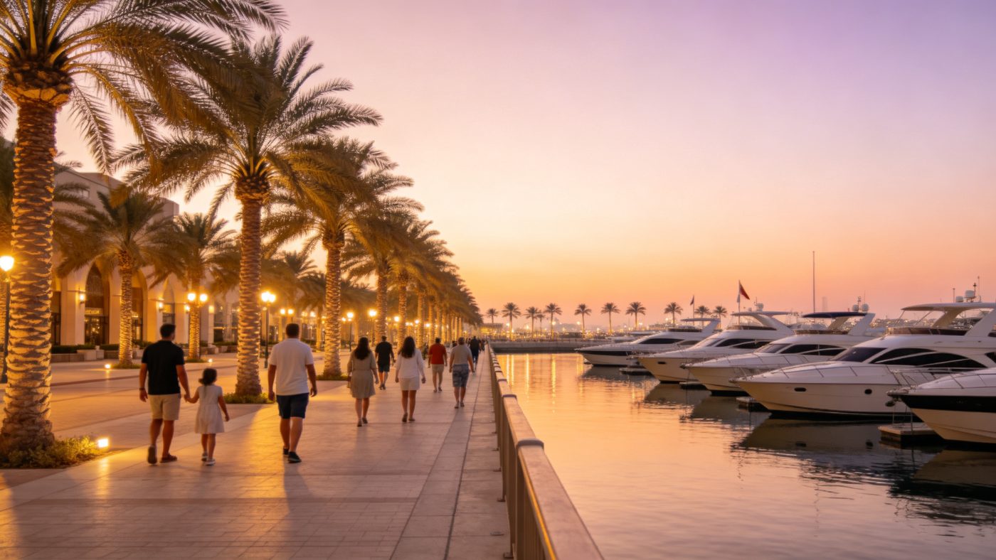 Families strolling along Dubai Marina promenade at dusk beside moored yachts — a typical stop on a 3-day Dubai itinerary