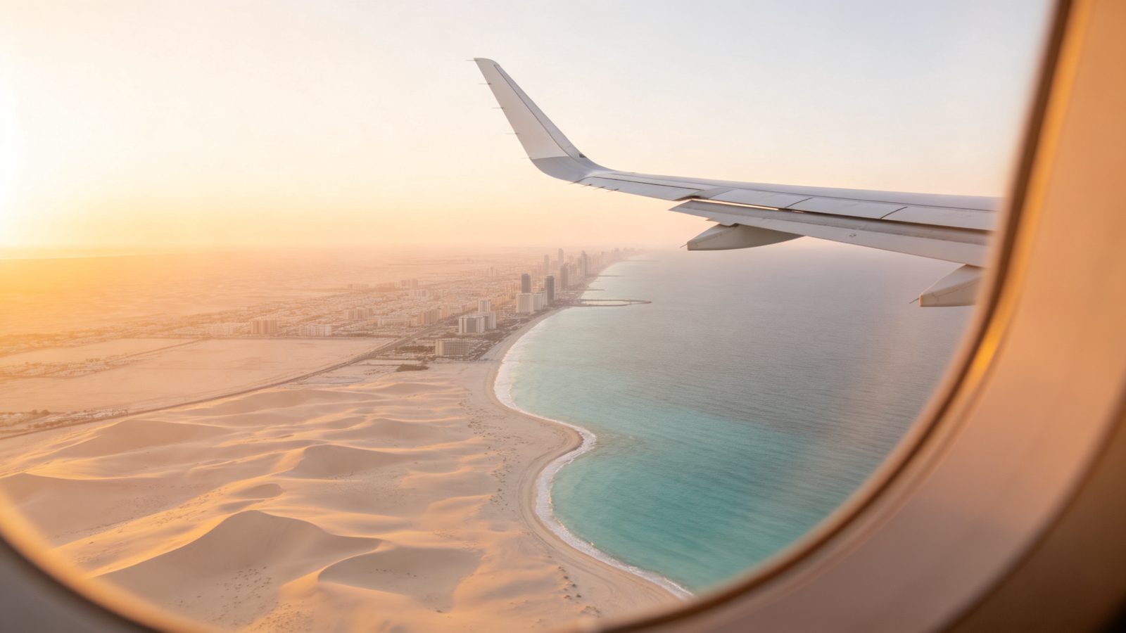 Cheap flights from Riyadh to Dubai — an airplane wing over the desert and the Gulf coast at sunrise, from a window seat