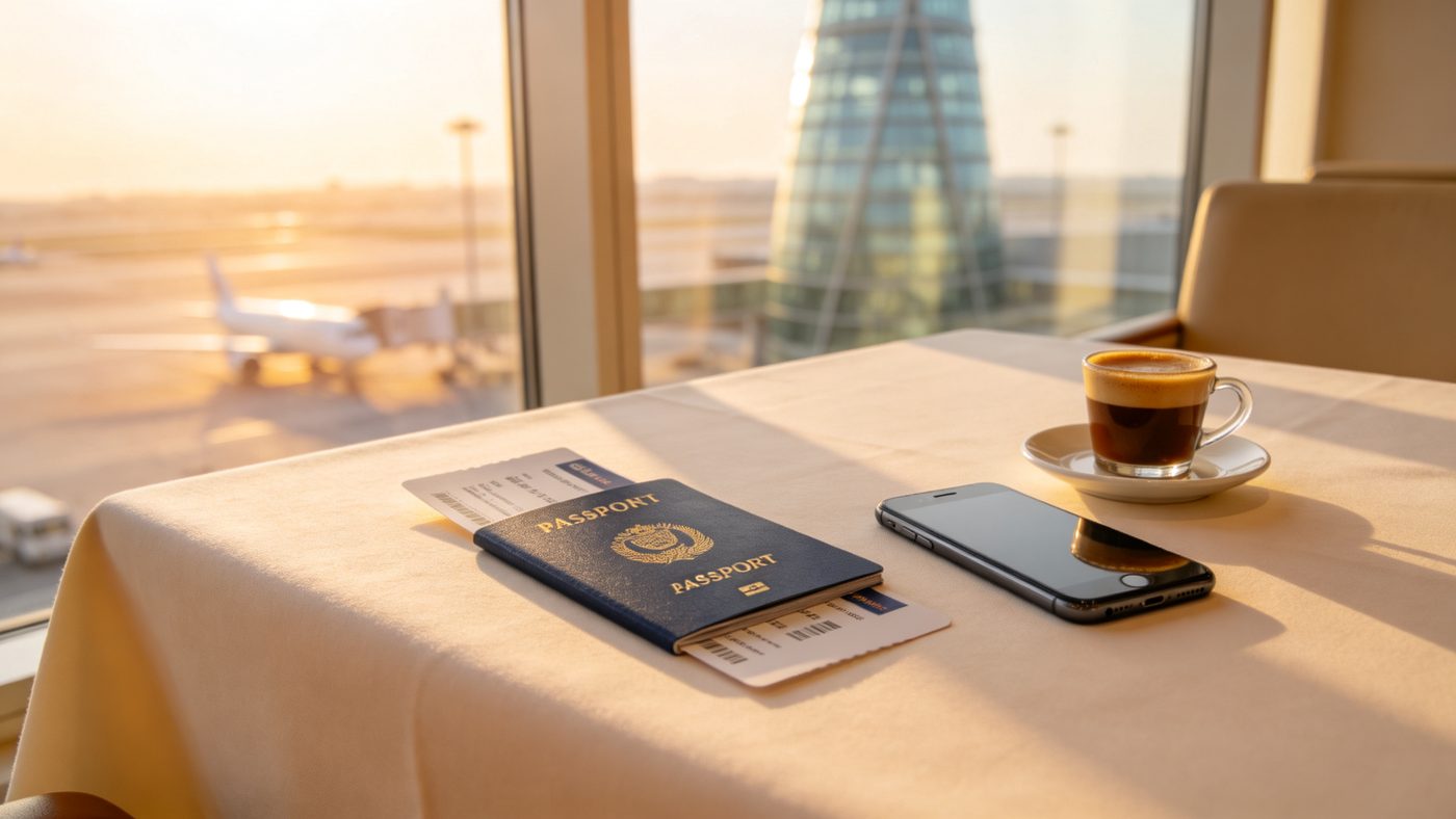 Passport, boarding pass and smartphone on an airport lounge table with Gulf towers outside — the essentials for travel between GCC countries