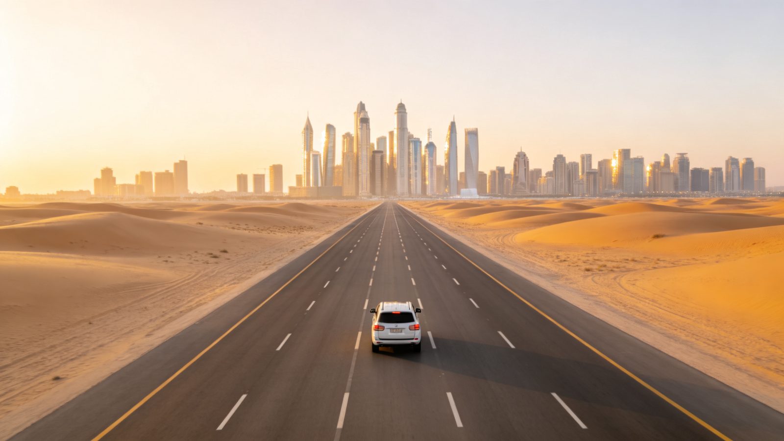 GCC travel guide 2026 — a desert highway leading to a Gulf city skyline at golden hour, the road trip between Gulf countries